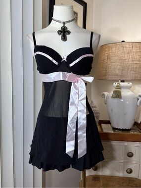 Rampage Black & Light Pink Satin-Trim Babydoll Chemise